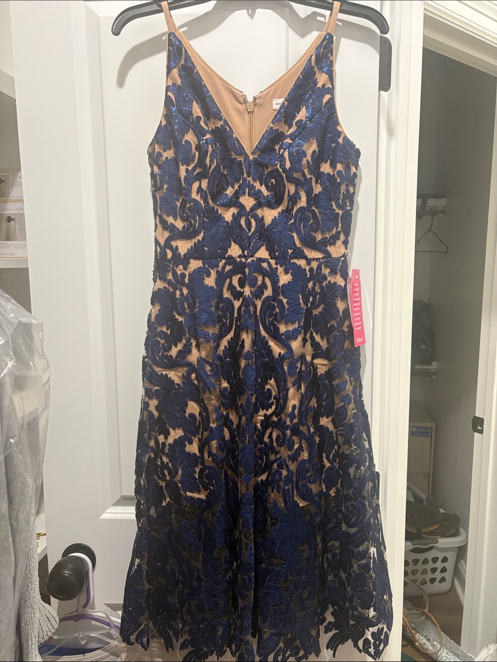 Dress the Population Navy Lace Midi Dress with Nude Lining